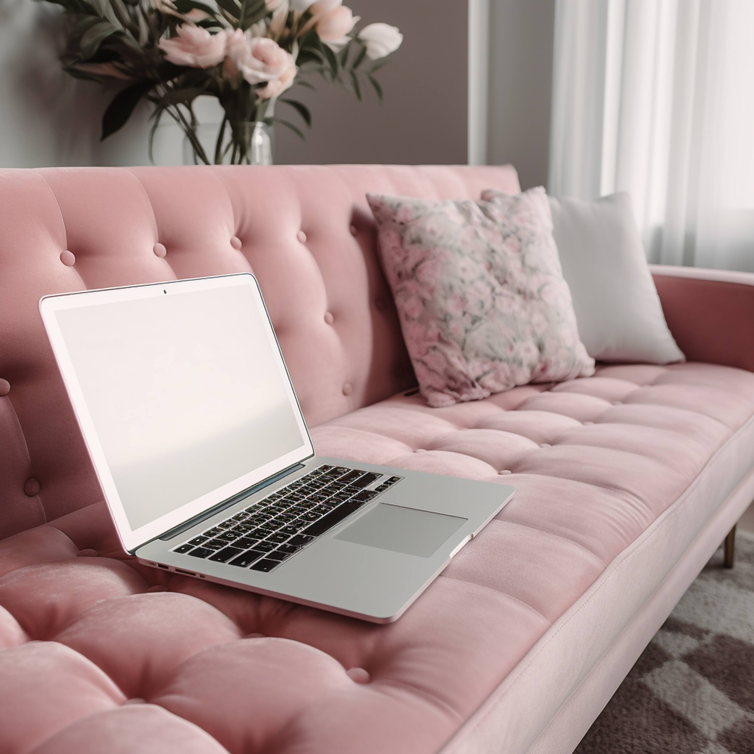 The Importance of Having a Website, pink couch with laptop open
